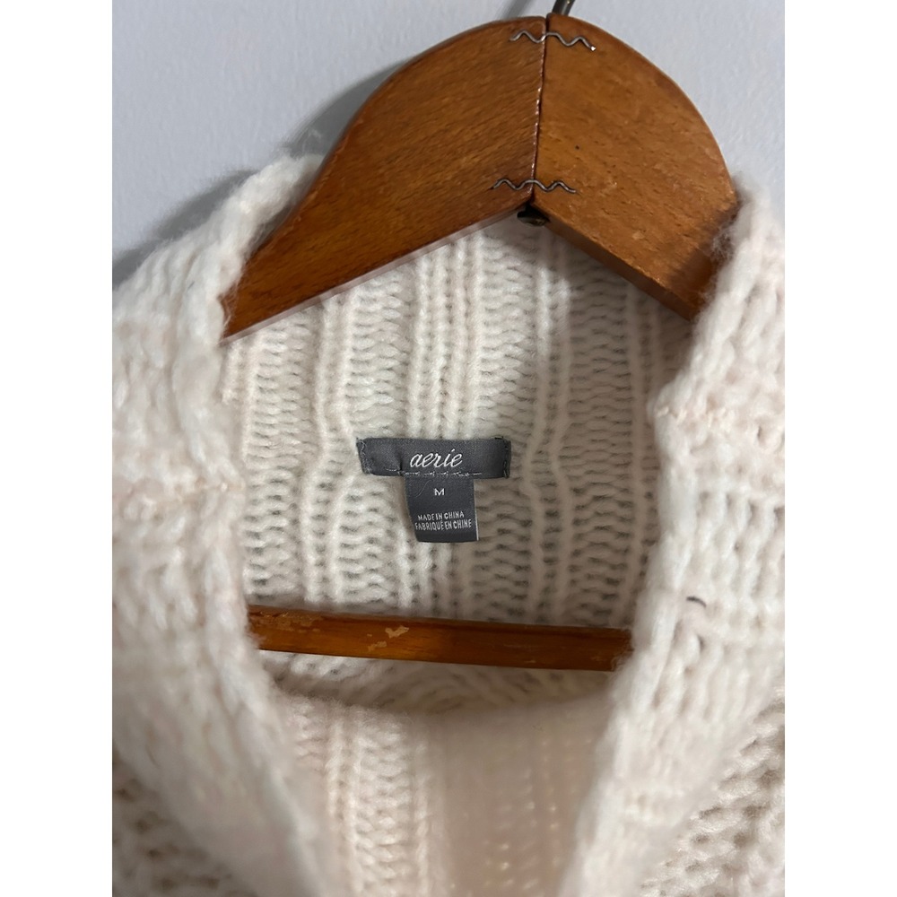 Aerie Cream Chunky Cable Knit Mock Neck Wool Blend Sweater Ivory Medium - Picture 2 of 8